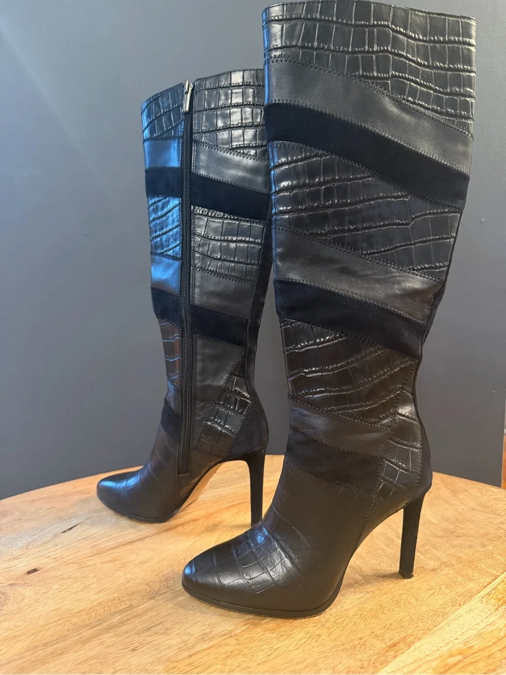 Vince Camuto Black Croc-Embossed & Suede Over-the-Knee Stiletto Boots